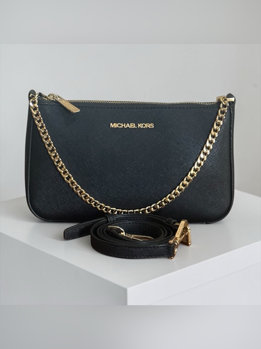 Michael Kors Black Saffiano Leather Convertible Crossbody with Gold Chain